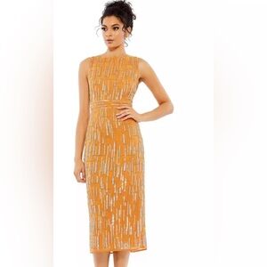 MAC DUGGAL  SIZE: 8 ABSTRACT BEADED SLEEVELESS MIDI SHEATH DRESS 70264 SAFFRON